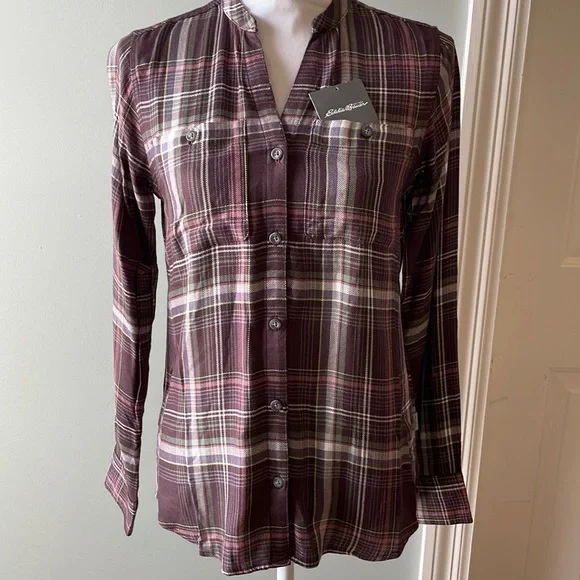 NWOT Eddie Bauer V-Neck Long sleeve Plaid button-down Shirt Violet XS - Picture 1 of 6